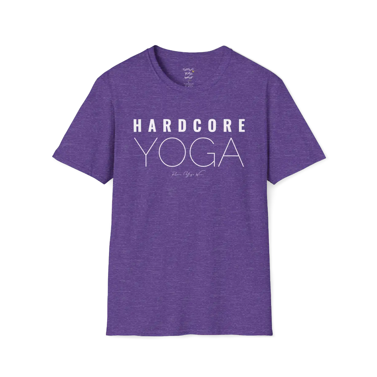 "Hardcore Yoga" stacked block text design — The Vault collection by Ramro Yoga Wear, Heather Purple.