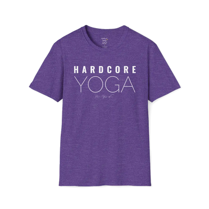 "Hardcore Yoga" stacked block text design — The Vault collection by Ramro Yoga Wear, Heather Purple.