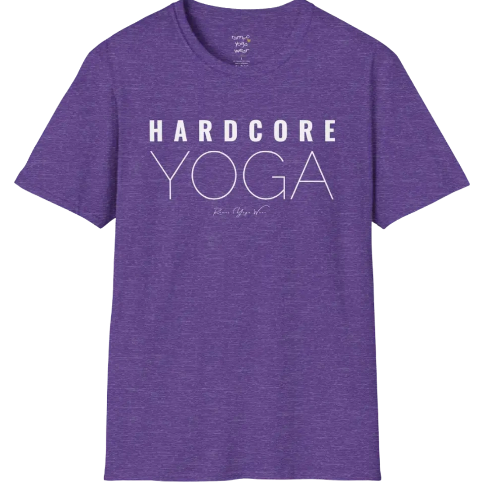 "Hardcore Yoga" stacked block text design — The Vault collection by Ramro Yoga Wear, Heather Purple