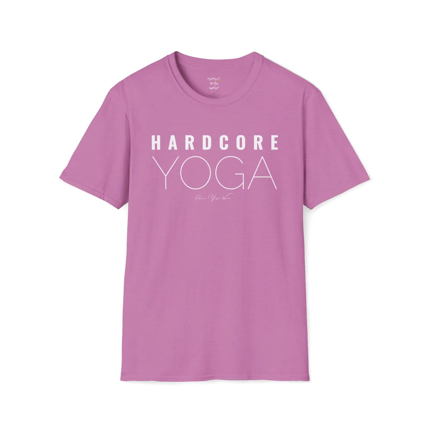 "Hardcore Yoga" stacked block text design — The Vault collection by Ramro Yoga Wear, Heather Radiant Orchid.