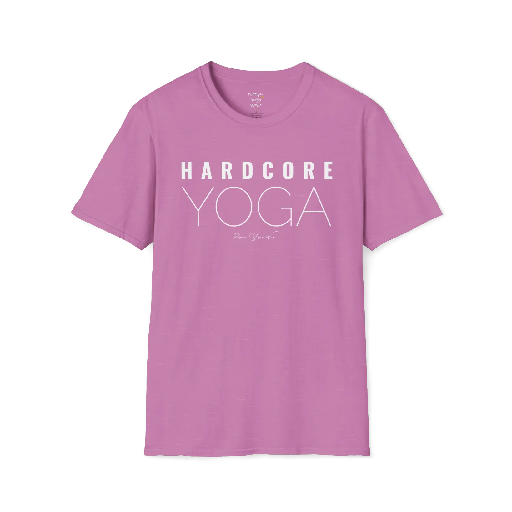 "Hardcore Yoga" stacked block text design — The Vault collection by Ramro Yoga Wear, Heather Radiant Orchid.