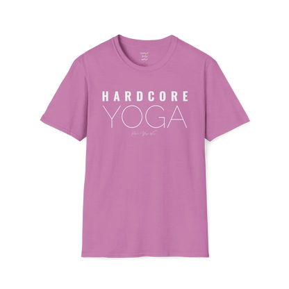"Hardcore Yoga" stacked block text design — The Vault collection by Ramro Yoga Wear, Heather Radiant Orchid.