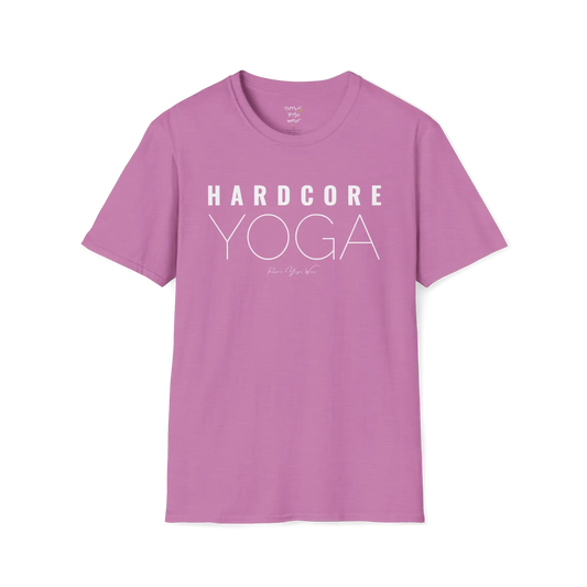 "Hardcore Yoga" stacked block text design — The Vault collection by Ramro Yoga Wear, Heather Radiant Orchid.