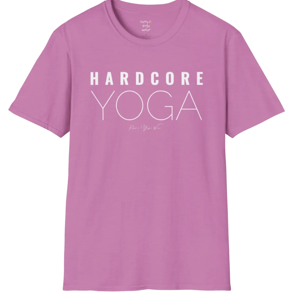 "Hardcore Yoga" stacked block text design — The Vault collection by Ramro Yoga Wear, Heather Radiant Orchid.