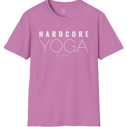 "Hardcore Yoga" stacked block text design — The Vault collection by Ramro Yoga Wear, Heather Radiant Orchid.