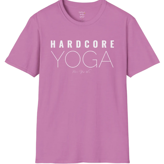 "Hardcore Yoga" stacked block text design — The Vault collection by Ramro Yoga Wear, Heather Radiant Orchid.