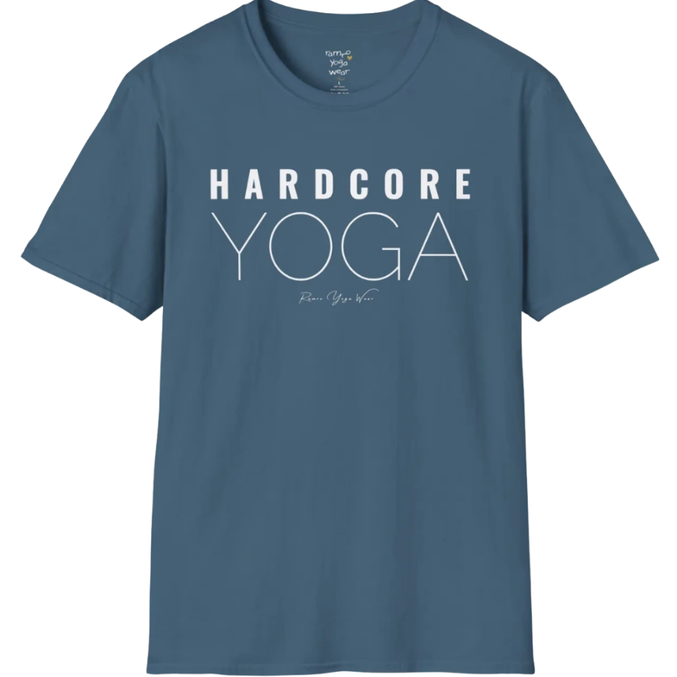 "Hardcore Yoga" stacked block text design — The Vault collection by Ramro Yoga Wear, Indigo Blue