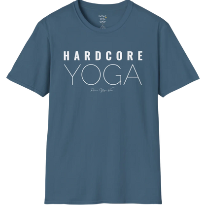 "Hardcore Yoga" stacked block text design — The Vault collection by Ramro Yoga Wear, Indigo Blue
