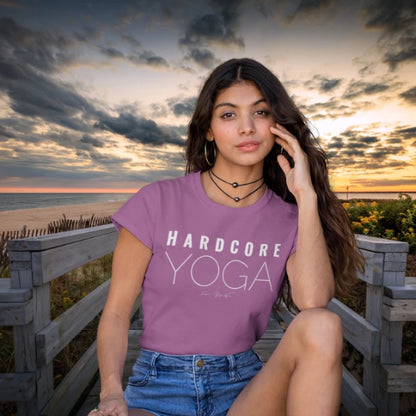 Hardcore T-Shirt, "Hardcore Yoga" stacked block text design — The Vault collection by Ramro Yoga Wear, Heather Radiant Orchid.