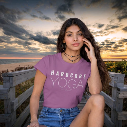Hardcore T-Shirt, "Hardcore Yoga" stacked block text design — The Vault collection by Ramro Yoga Wear, Heather Radiant Orchid.