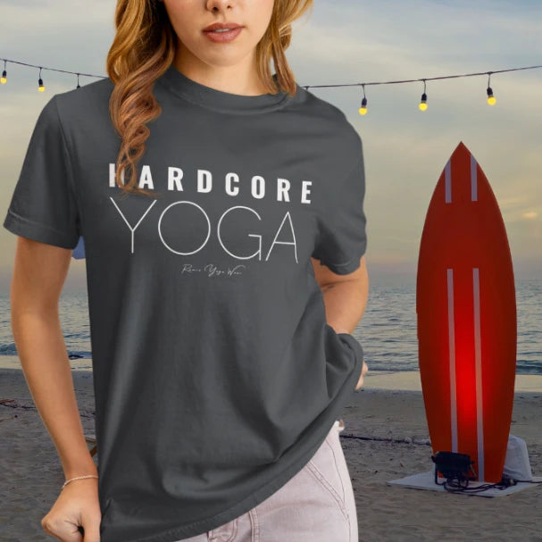 Hardcore T-Shirt, "Hardcore Yoga" stacked block text design — The Vault collection by Ramro Yoga Wear, Dark Heather Grey.