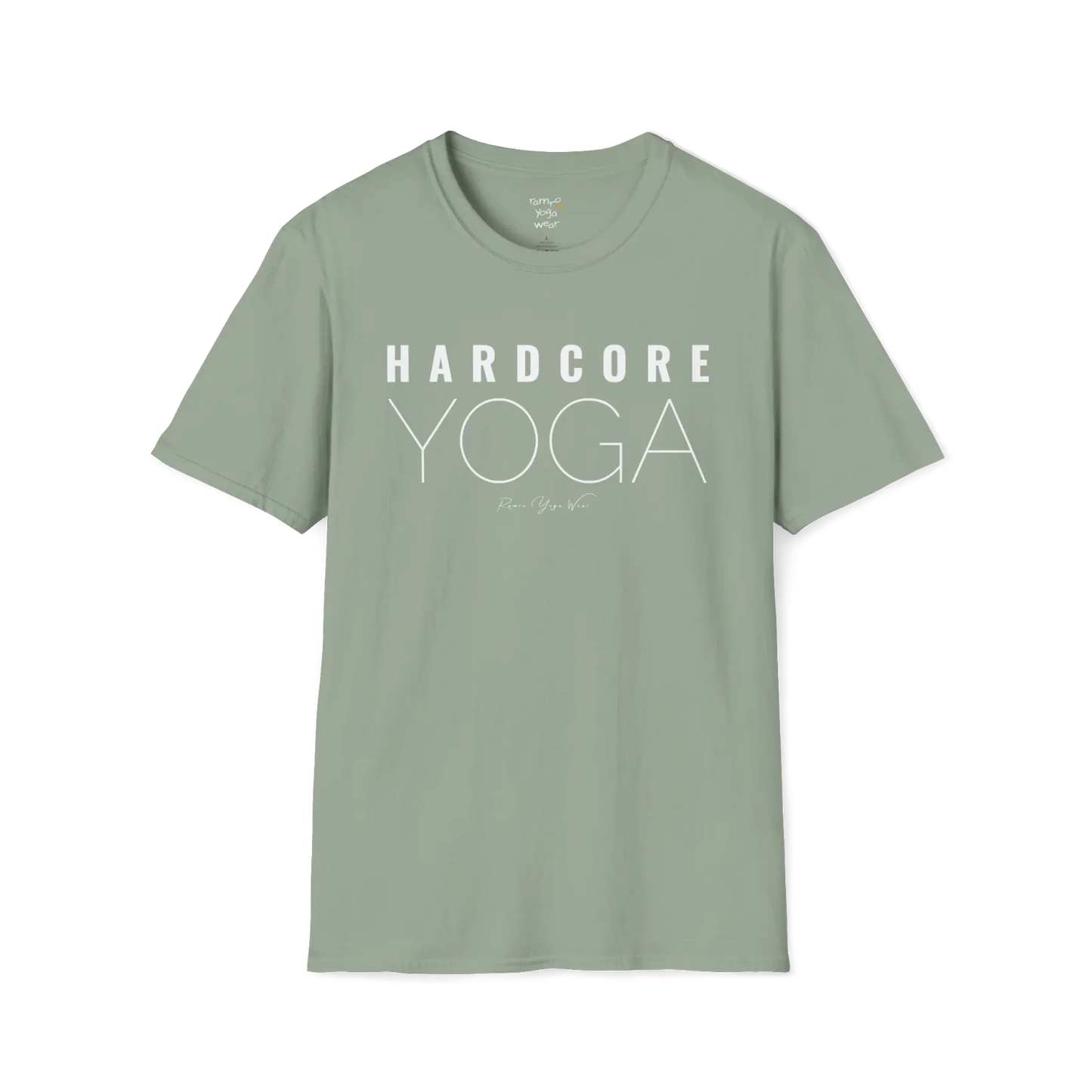 "Hardcore Yoga" stacked block text design — The Vault collection by Ramro Yoga Wear, Sage.