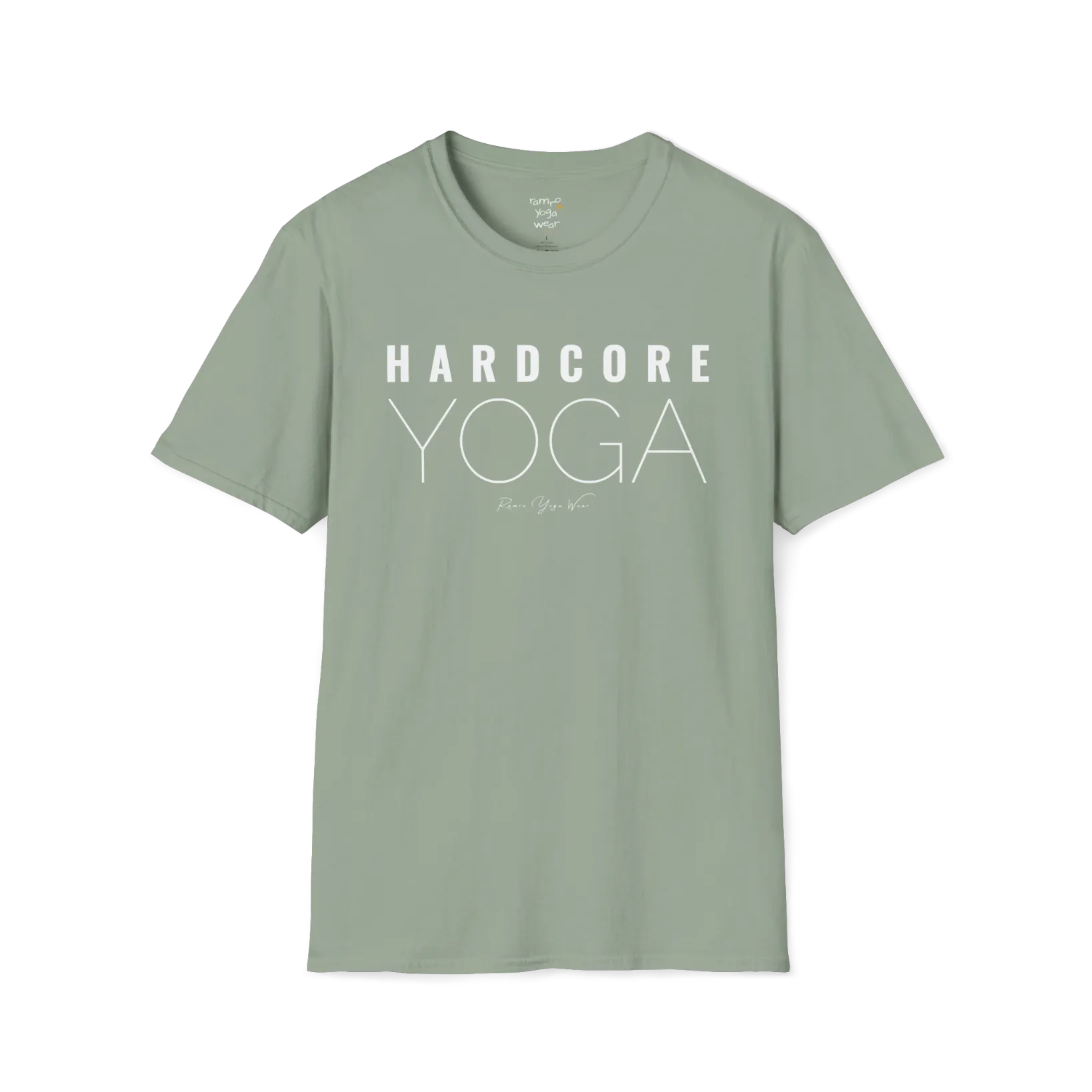 "Hardcore Yoga" stacked block text design — The Vault collection by Ramro Yoga Wear, Sage.
