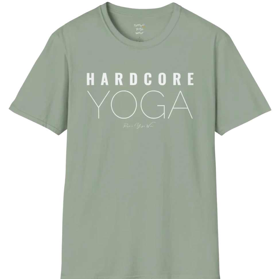 "Hardcore Yoga" stacked block text design — The Vault collection by Ramro Yoga Wear, Sage