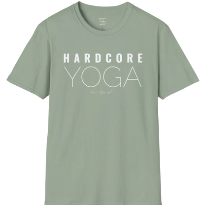 "Hardcore Yoga" stacked block text design — The Vault collection by Ramro Yoga Wear, Sage