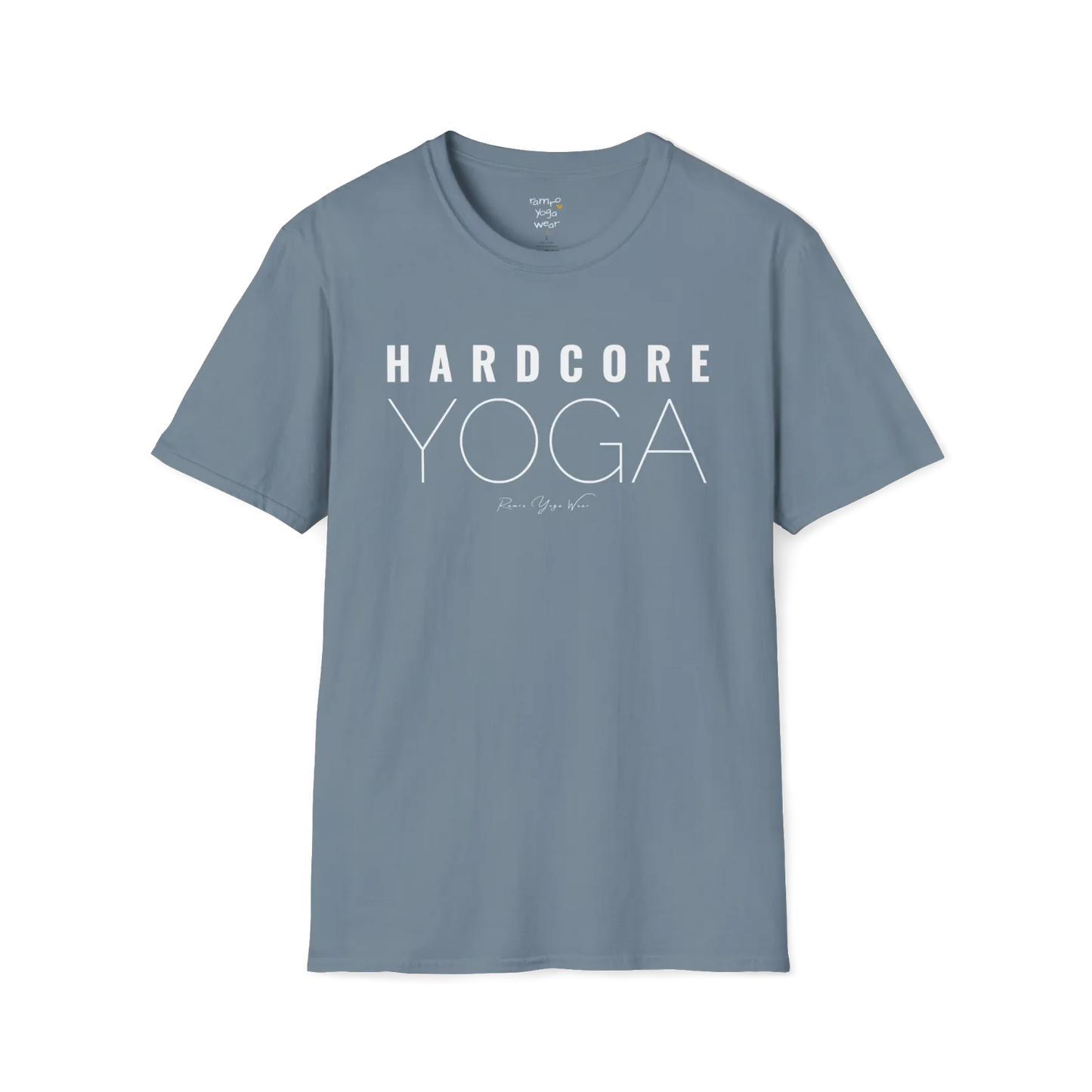 "Hardcore Yoga" stacked block text design — The Vault collection by Ramro Yoga Wear, Stone Blue.