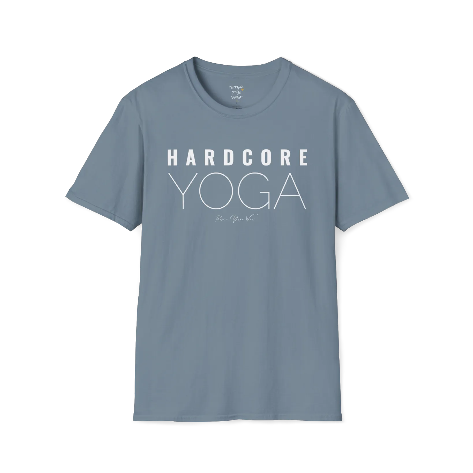 "Hardcore Yoga" stacked block text design — The Vault collection by Ramro Yoga Wear, Stone Blue.