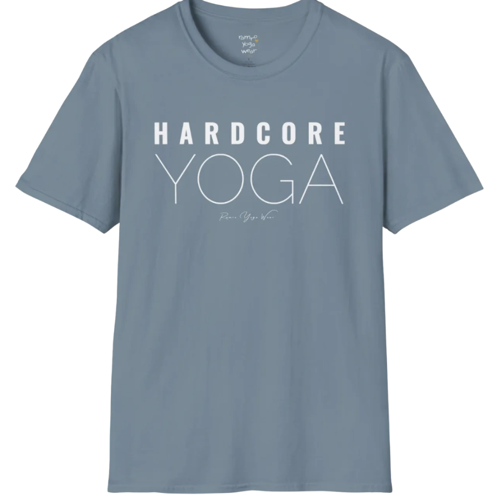"Hardcore Yoga" stacked block text design — The Vault collection by Ramro Yoga Wear, Stone Blue