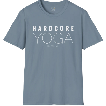 "Hardcore Yoga" stacked block text design — The Vault collection by Ramro Yoga Wear, Stone Blue