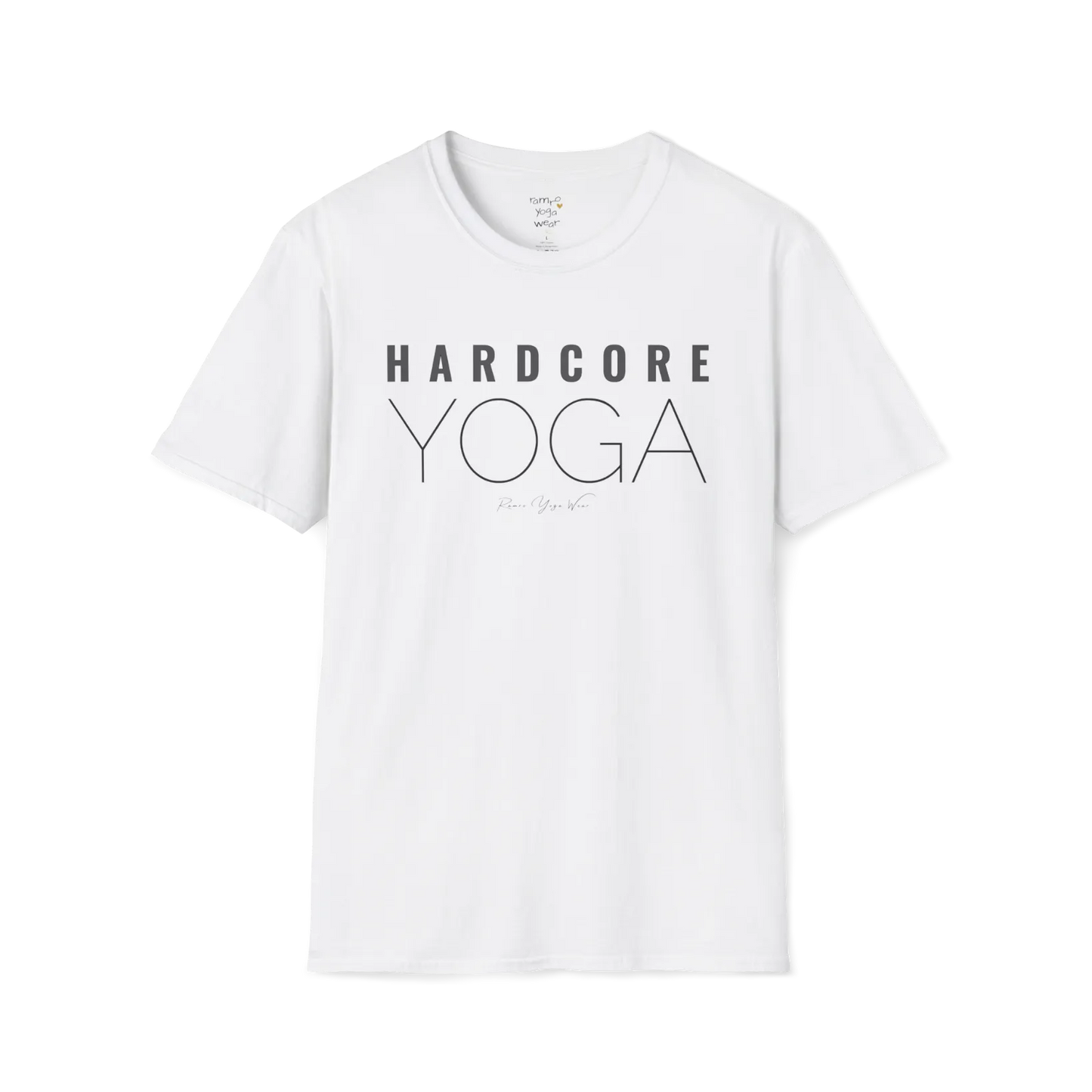 "Hardcore Yoga" stacked block text design — The Vault collection by Ramro Yoga Wear, White.
