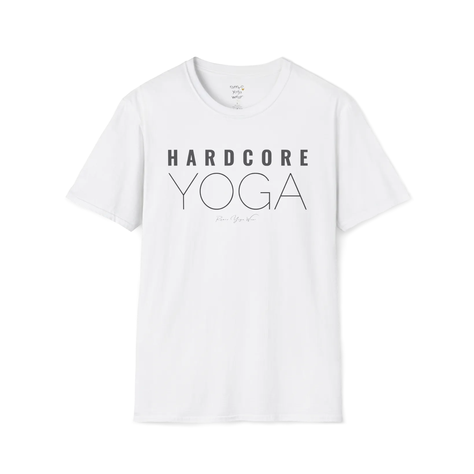 "Hardcore Yoga" stacked block text design — The Vault collection by Ramro Yoga Wear, White.