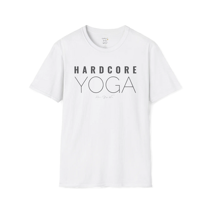 "Hardcore Yoga" stacked block text design — The Vault collection by Ramro Yoga Wear, White.