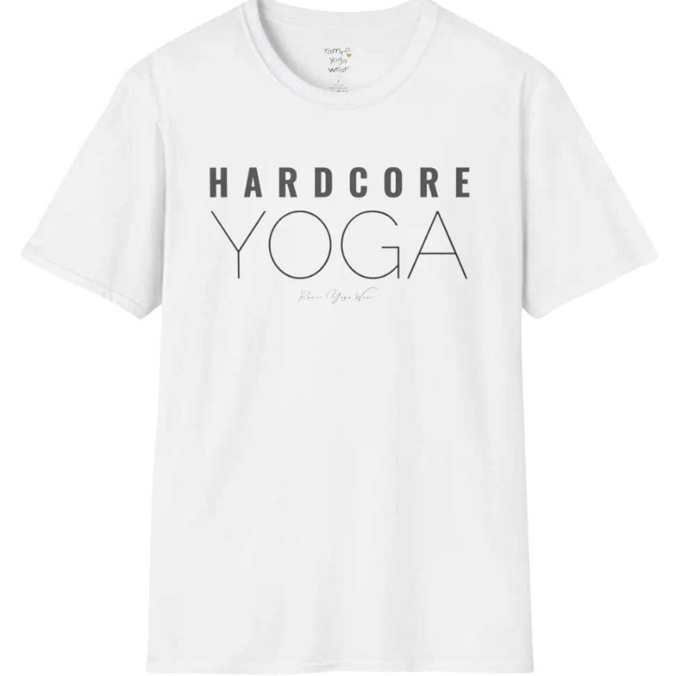 "Hardcore Yoga" stacked block text design — The Vault collection by Ramro Yoga Wear, White