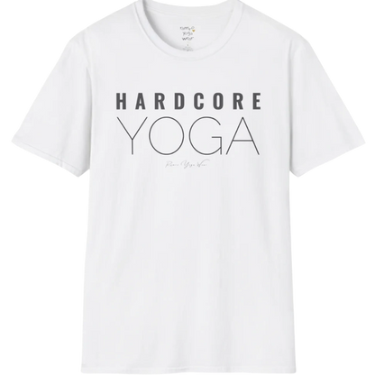 "Hardcore Yoga" stacked block text design — The Vault collection by Ramro Yoga Wear, White