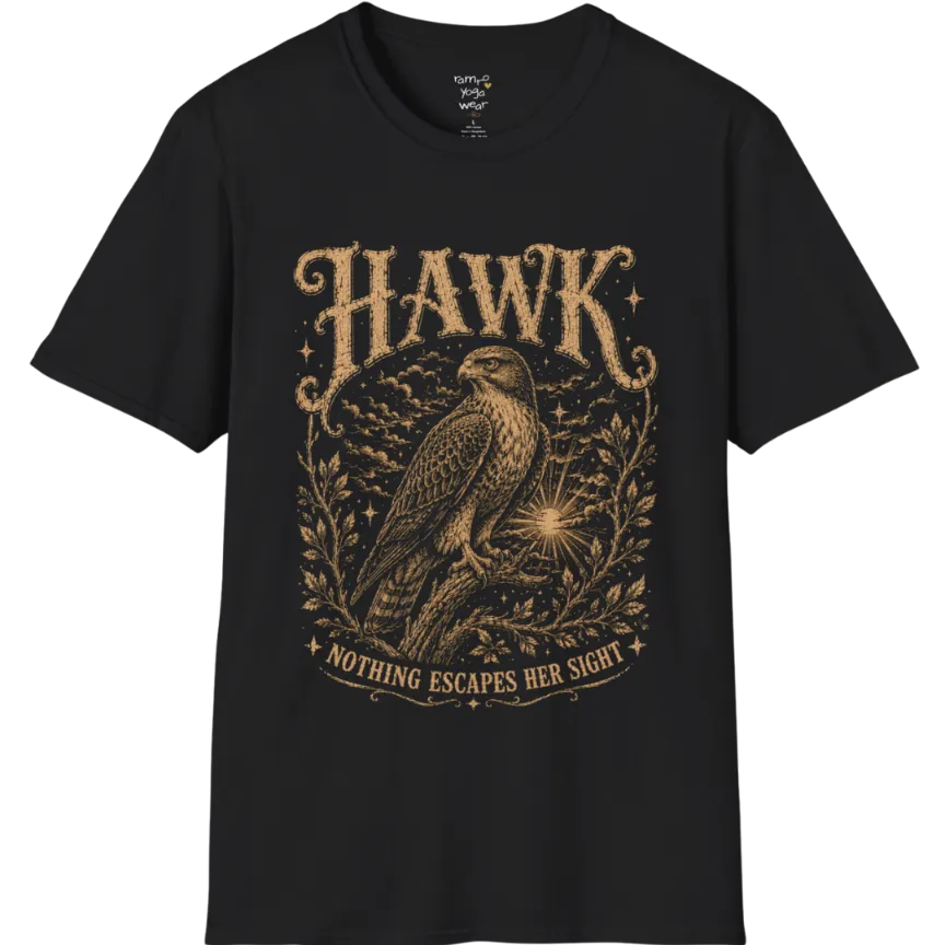 A short sleeved tee with the design of a Hawk perched among botanical branches with fine engraving detail — Wild Animals collection by Ramro Yoga Wear in Black.
