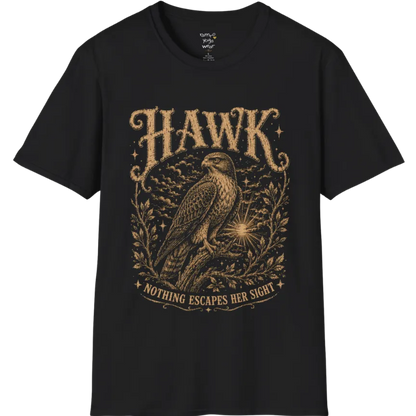 A short sleeved tee with the design of a Hawk perched among botanical branches with fine engraving detail — Wild Animals collection by Ramro Yoga Wear in Black.