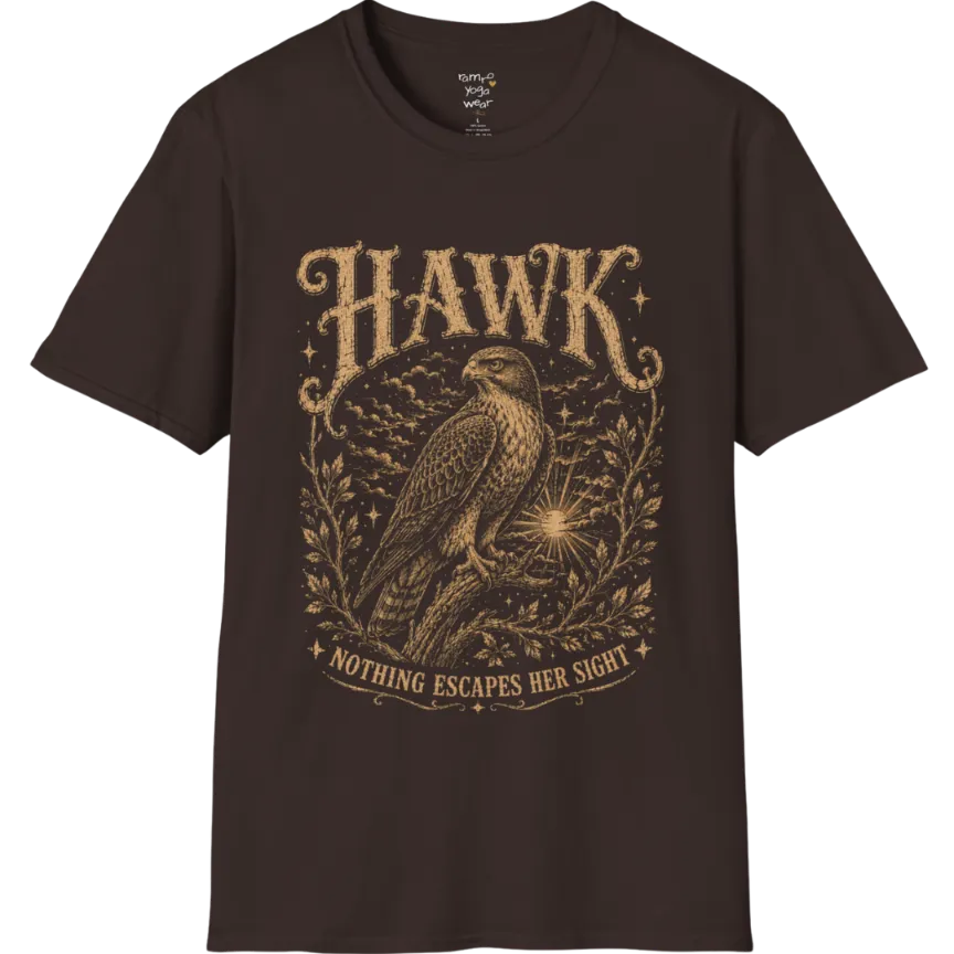 A short sleeved tee with the design of a Hawk perched among botanical branches with fine engraving detail — Wild Animals collection by Ramro Yoga Wear in Dark Chocolate.