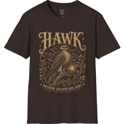 A short sleeved tee with the design of a Hawk perched among botanical branches with fine engraving detail — Wild Animals collection by Ramro Yoga Wear in Dark Chocolate.