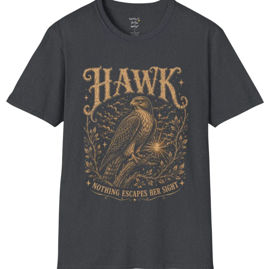 A short sleeved tee with the design of a Hawk perched among botanical branches with fine engraving detail — Wild Animals collection by Ramro Yoga Wear in Dark Heather Grey. 
