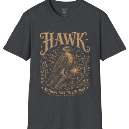A short sleeved tee with the design of a Hawk perched among botanical branches with fine engraving detail — Wild Animals collection by Ramro Yoga Wear in Dark Heather Grey. 