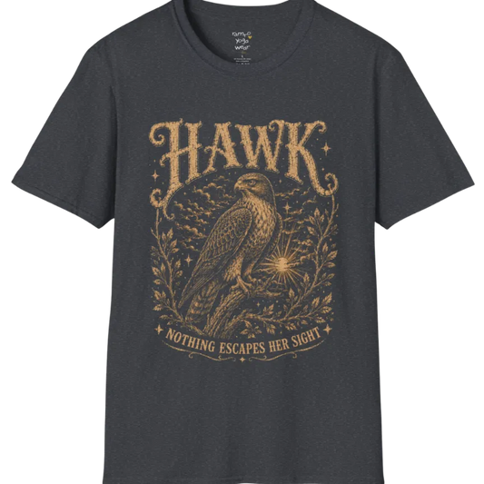 A short sleeved tee with the design of a Hawk perched among botanical branches with fine engraving detail — Wild Animals collection by Ramro Yoga Wear in Dark Heather Grey. 