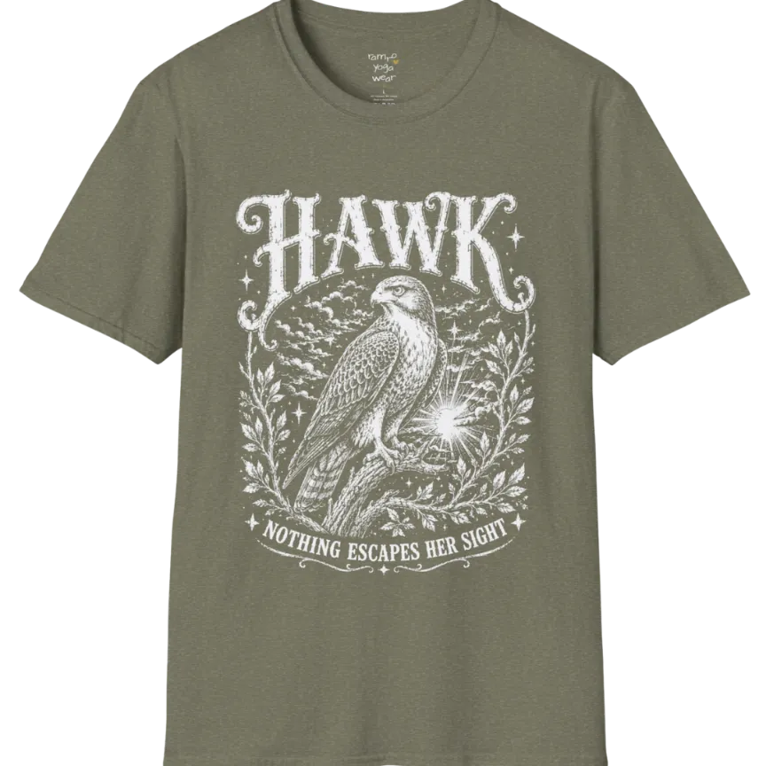 A short sleeved tee with the design of a Hawk perched among botanical branches with fine engraving detail — Wild Animals collection by Ramro Yoga Wear in Heather Military Green.