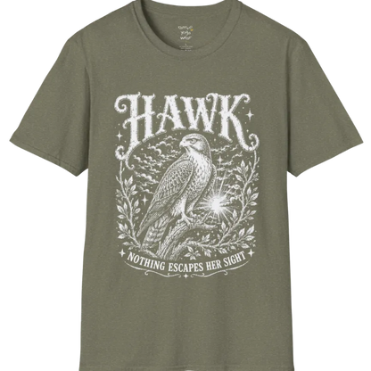 A short sleeved tee with the design of a Hawk perched among botanical branches with fine engraving detail — Wild Animals collection by Ramro Yoga Wear in Heather Military Green.