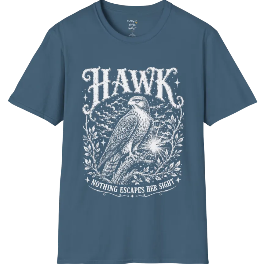 A short sleeved tee with the design of a Hawk perched among botanical branches with fine engraving detail — Wild Animals collection by Ramro Yoga Wear in Indigo Blue. 