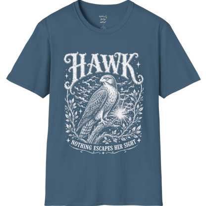 A short sleeved tee with the design of a Hawk perched among botanical branches with fine engraving detail — Wild Animals collection by Ramro Yoga Wear in Indigo Blue. 