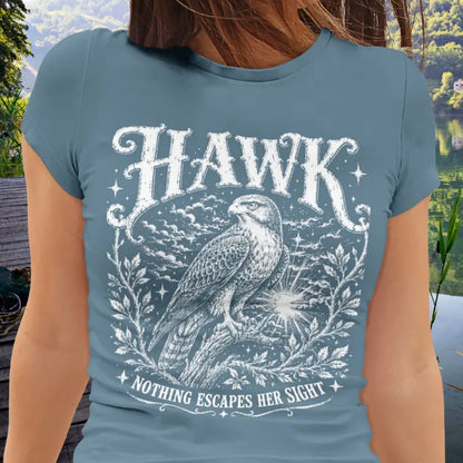 Person wearing Hawk Indigo Blue tee, close-up front view showing the hawk graphic — Wild Animals collection by Ramro Yoga Wear