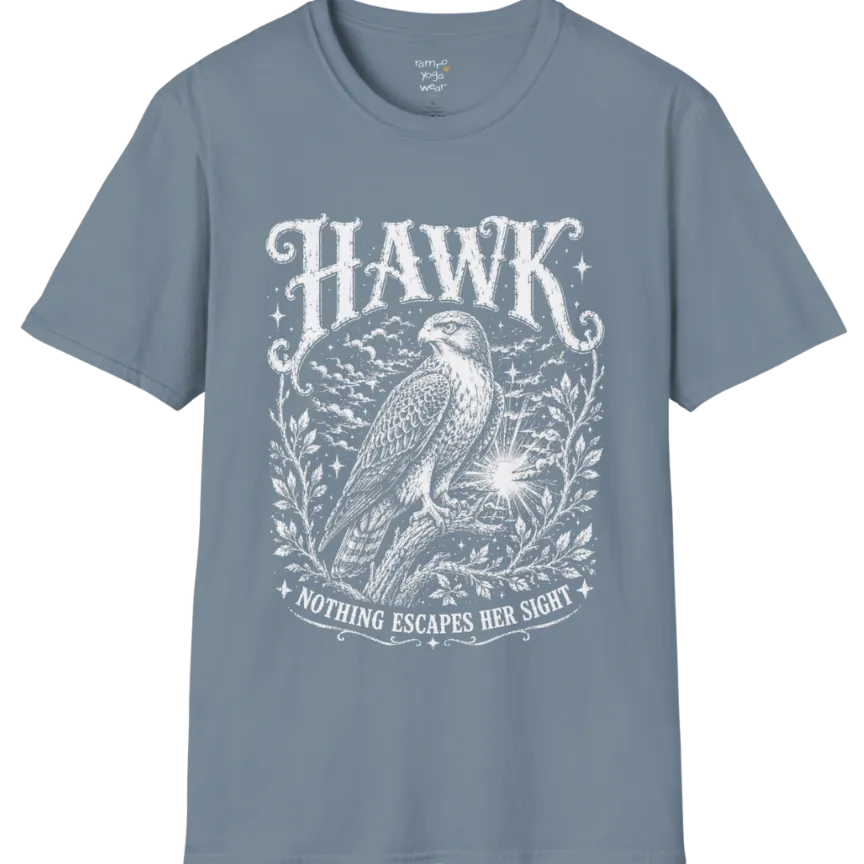 A short sleeved tee with the design of a Hawk perched among botanical branches with fine engraving detail — Wild Animals collection by Ramro Yoga Wear in Stone Blue. 
