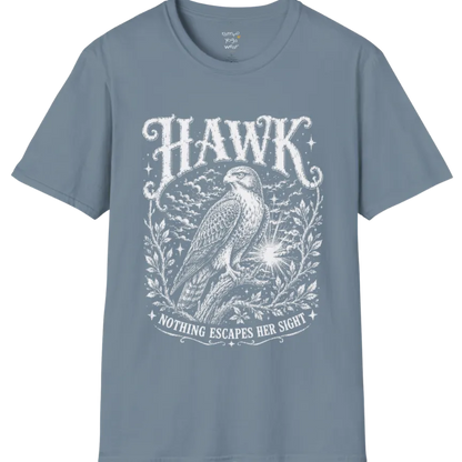 A short sleeved tee with the design of a Hawk perched among botanical branches with fine engraving detail — Wild Animals collection by Ramro Yoga Wear in Stone Blue. 