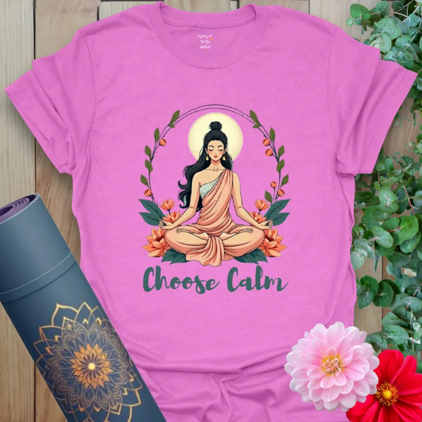 Heather Radiant Orchid Choose Calm T-Shirt with spiritual artwork of a seated woman in lotus pose.