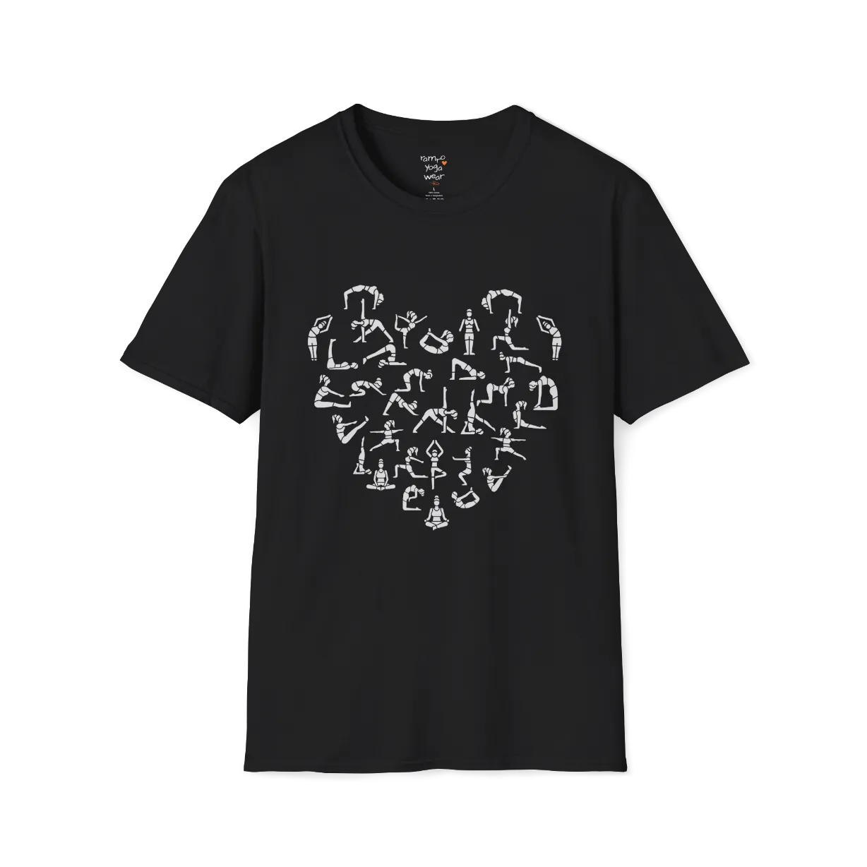 Heart symbol formed from yoga pose silhouettes on Black tee — The Vault collection by Ramro Yoga Wear