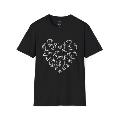 Heart symbol formed from yoga pose silhouettes on Black tee — The Vault collection by Ramro Yoga Wear