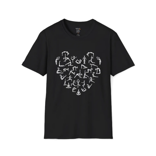 Black Heart T-Shirt featuring a heart-shaped arrangement of yoga poses, symbolizing balance, strength, and mindful movement.