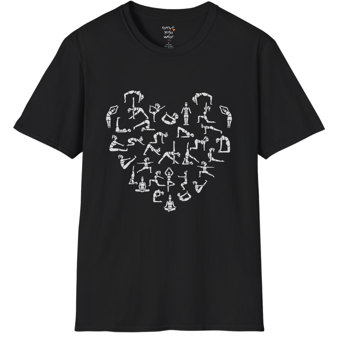 Heart symbol formed from yoga pose silhouettes on Black tee — The Vault collection by Ramro Yoga Wear