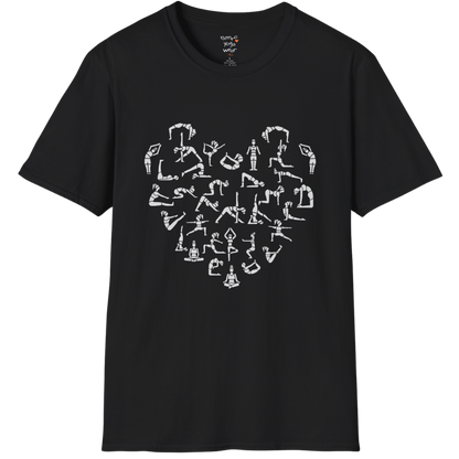 Heart symbol formed from yoga pose silhouettes on Black tee — The Vault collection by Ramro Yoga Wear