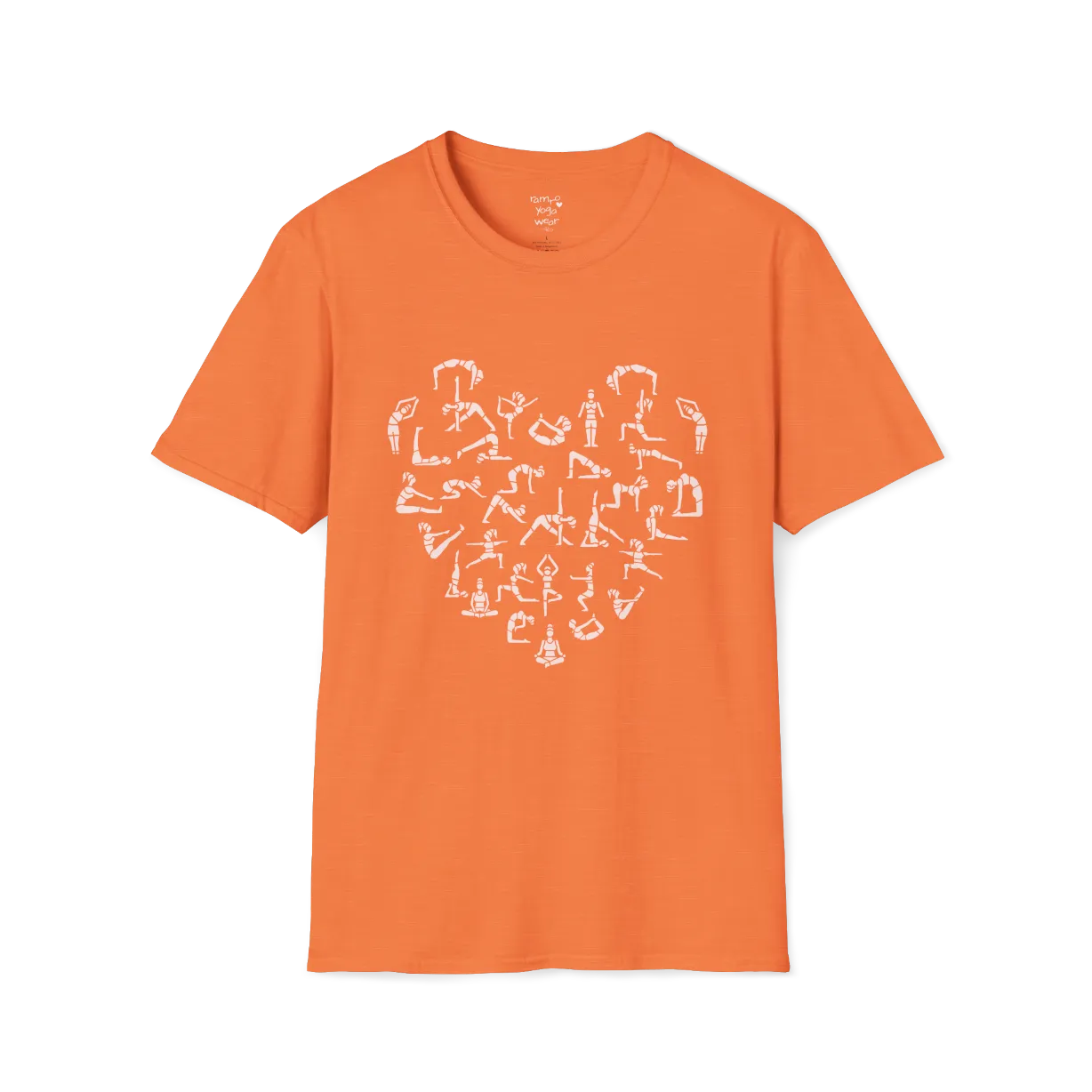 Heart symbol formed from yoga pose silhouettes on Heather Orange tee — The Vault collection by Ramro Yoga Wear