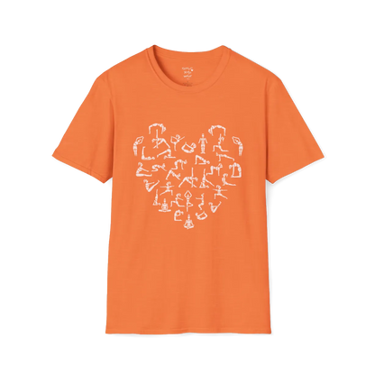 Heart symbol formed from yoga pose silhouettes on Heather Orange tee — The Vault collection by Ramro Yoga Wear
